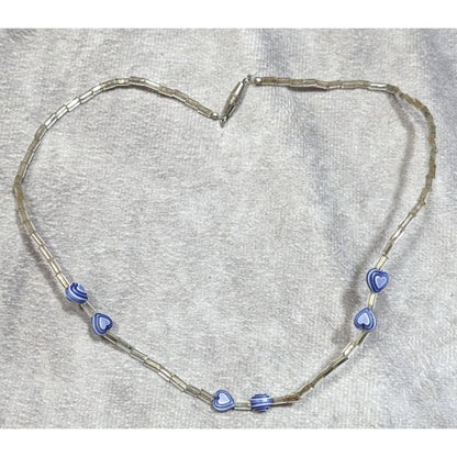 Handmade Heart & Swirl Beaded Necklace With Silver-Toned Tubes & Blue Accents