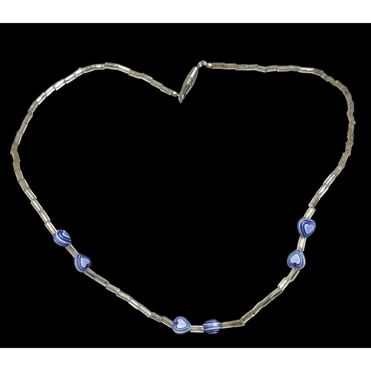 Handmade Heart & Swirl Beaded Necklace With Silver-Toned Tubes & Blue Accents