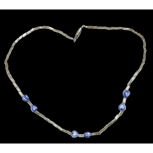 Handmade Heart & Swirl Beaded Necklace With Silver-Toned Tubes & Blue Accents