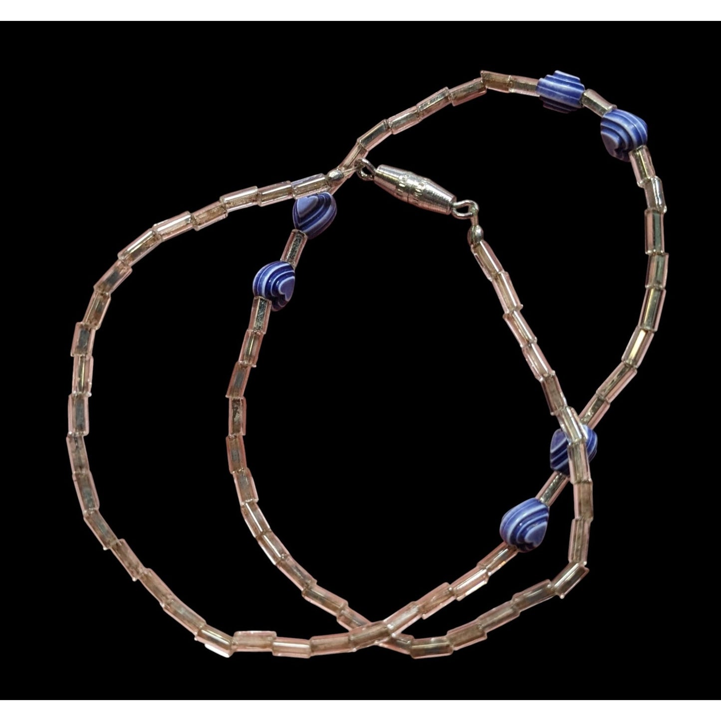 Handmade Heart & Swirl Beaded Necklace With Silver-Toned Tubes & Blue Accents