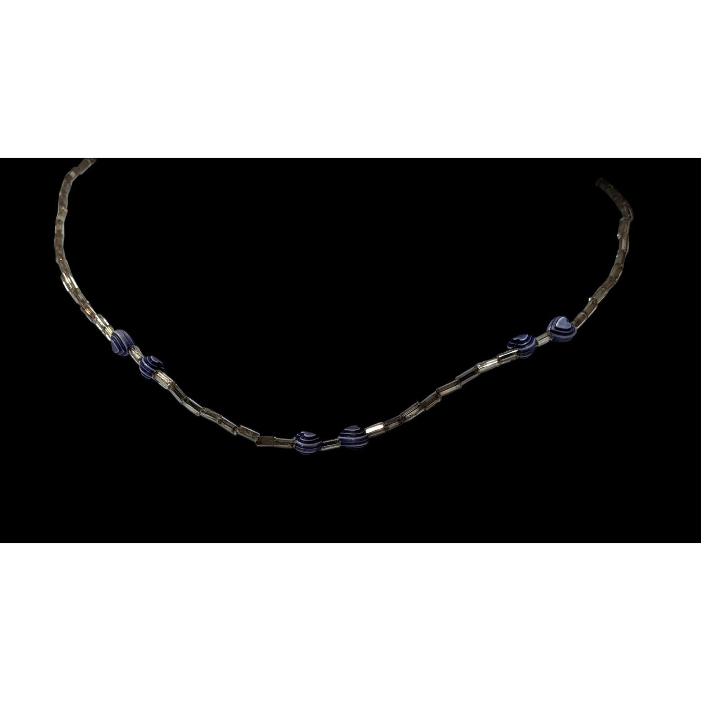 Handmade Heart & Swirl Beaded Necklace With Silver-Toned Tubes & Blue Accents