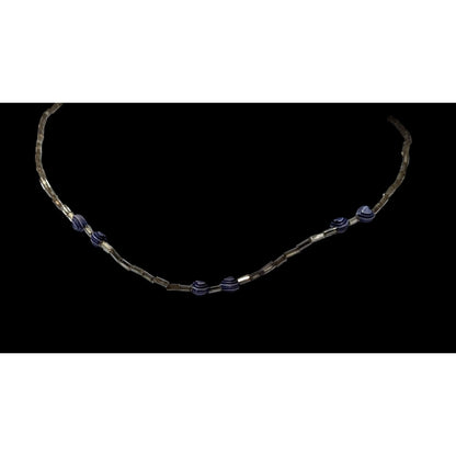 Handmade Heart & Swirl Beaded Necklace With Silver-Toned Tubes & Blue Accents