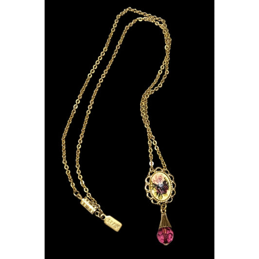 1928 Regency Victorian Style Rose Cabochon Pendant Necklace