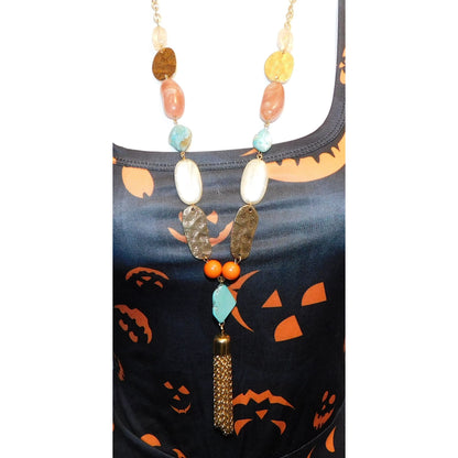 Bohemian Gemstone Beaded Gold Tone Tassel Necklace