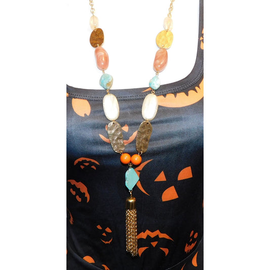Bohemian Gemstone Beaded Gold Tone Tassel Necklace