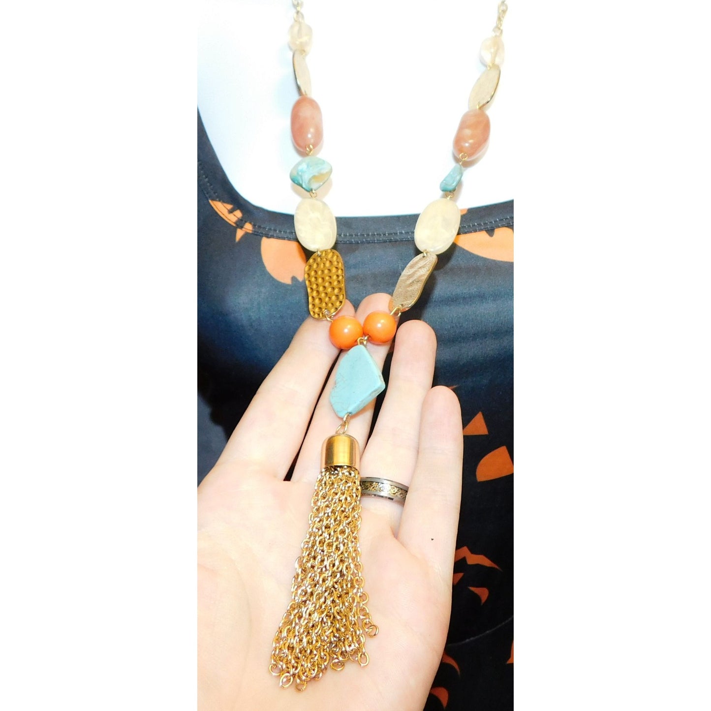 Bohemian Gemstone Beaded Gold Tone Tassel Necklace