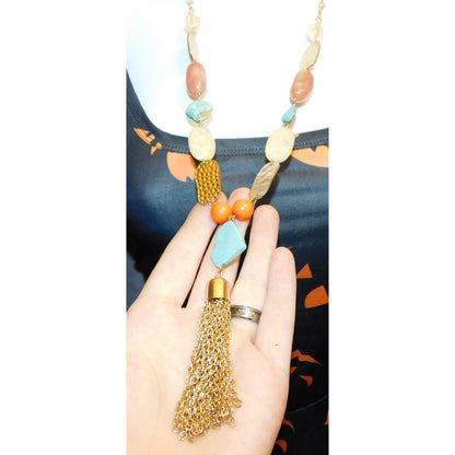 Bohemian Gemstone Beaded Gold Tone Tassel Necklace