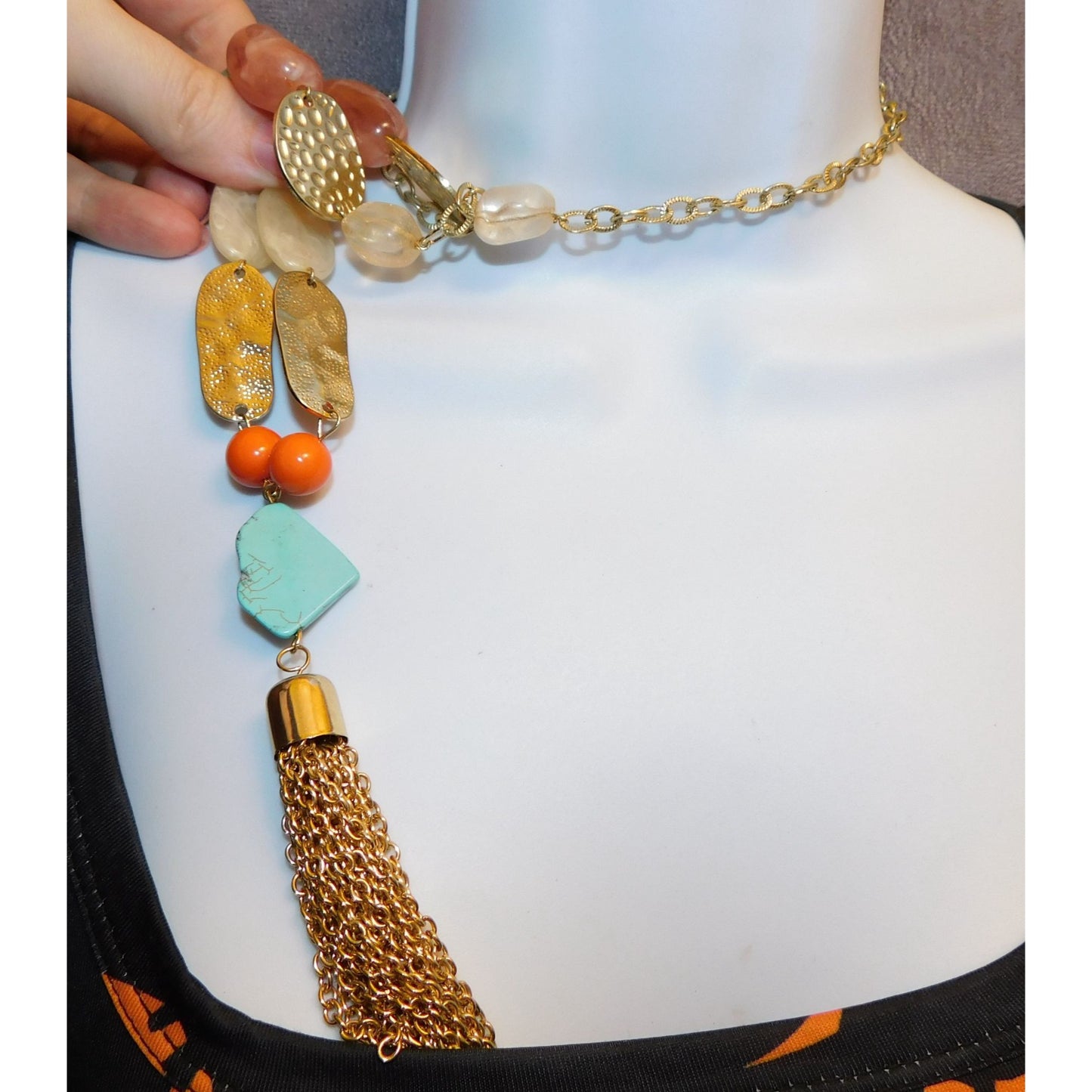 Bohemian Gemstone Beaded Gold Tone Tassel Necklace