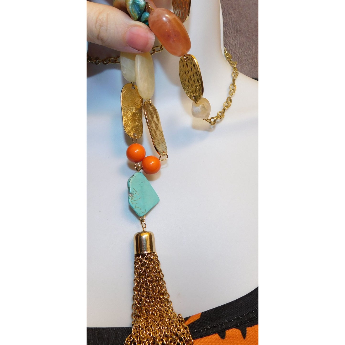 Bohemian Gemstone Beaded Gold Tone Tassel Necklace