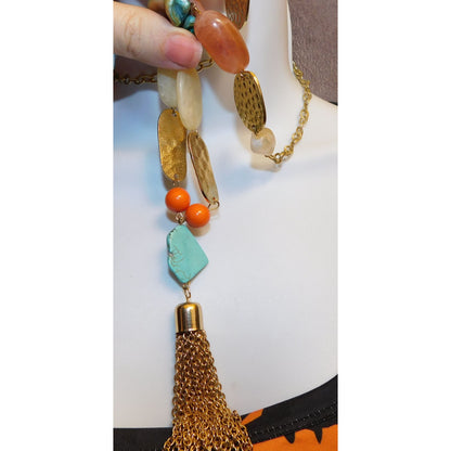 Bohemian Gemstone Beaded Gold Tone Tassel Necklace