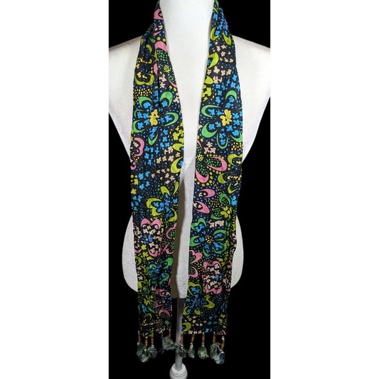 Talbots Retro Rainbow Floral Beaded Tassel Scarf