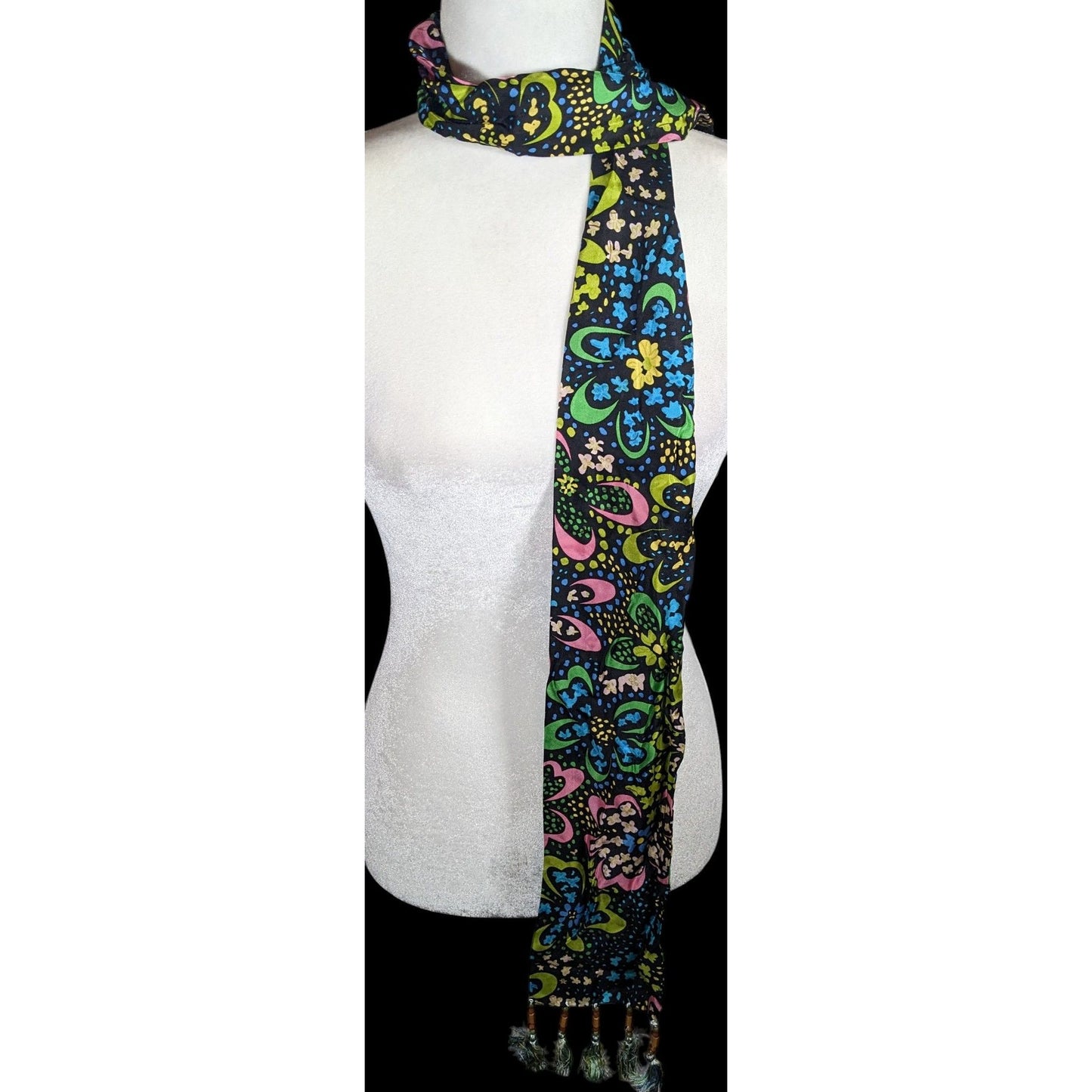 Talbots Retro Rainbow Floral Beaded Tassel Scarf