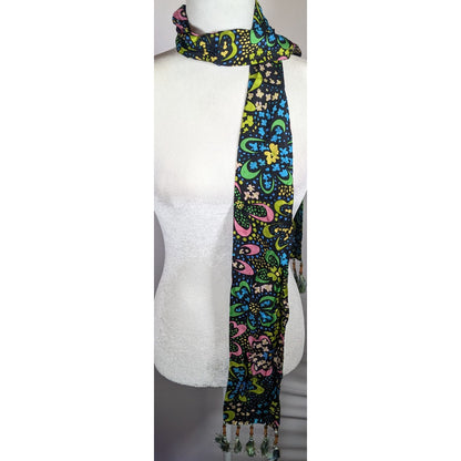 Talbots Retro Rainbow Floral Beaded Tassel Scarf
