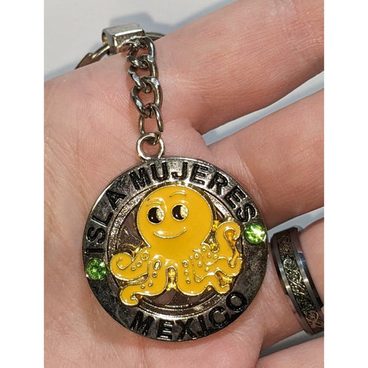 Isla Mujeres Mexico Souvenir Keychain With Spinning Smiling Yellow Octopus