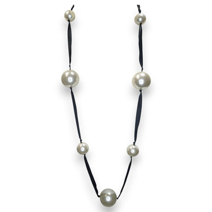 Vintage Romantic Faux Pearl White Black Ribbon Station Necklace 32 Inch