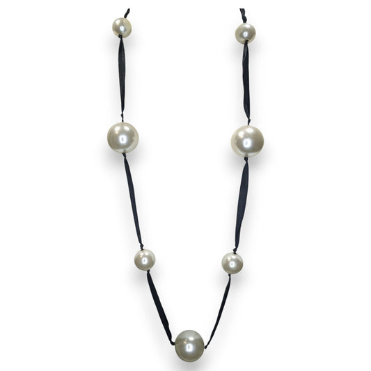 Vintage Romantic Faux Pearl White Black Ribbon Station Necklace 32 Inch