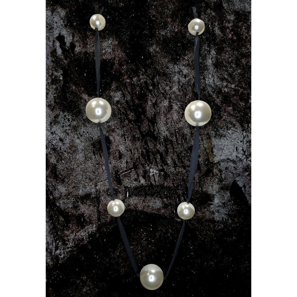 Vintage Romantic Faux Pearl White Black Ribbon Station Necklace 32 Inch