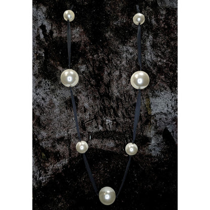 Vintage Romantic Faux Pearl White Black Ribbon Station Necklace 32 Inch