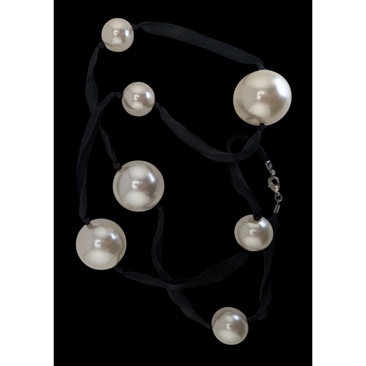 Vintage Romantic Faux Pearl White Black Ribbon Station Necklace 32 Inch