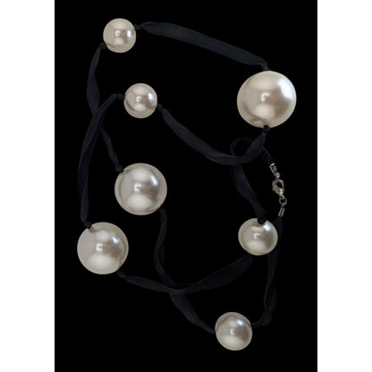 Vintage Romantic Faux Pearl White Black Ribbon Station Necklace 32 Inch