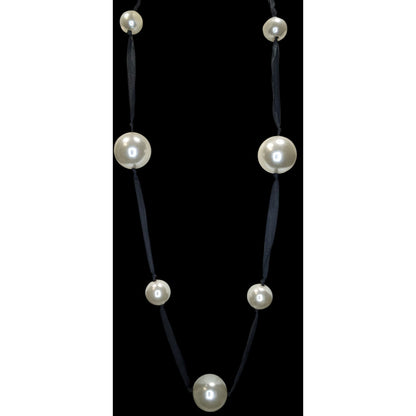 Vintage Romantic Faux Pearl White Black Ribbon Station Necklace 32 Inch