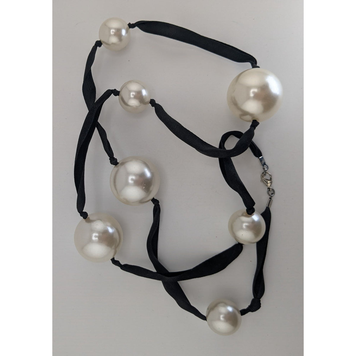 Vintage Romantic Faux Pearl White Black Ribbon Station Necklace 32 Inch