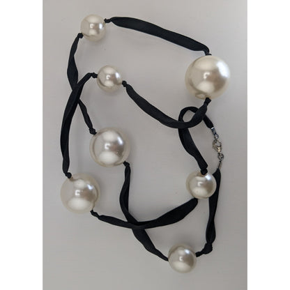 Vintage Romantic Faux Pearl White Black Ribbon Station Necklace 32 Inch