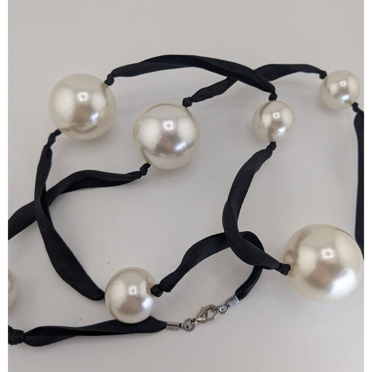 Vintage Romantic Faux Pearl White Black Ribbon Station Necklace 32 Inch
