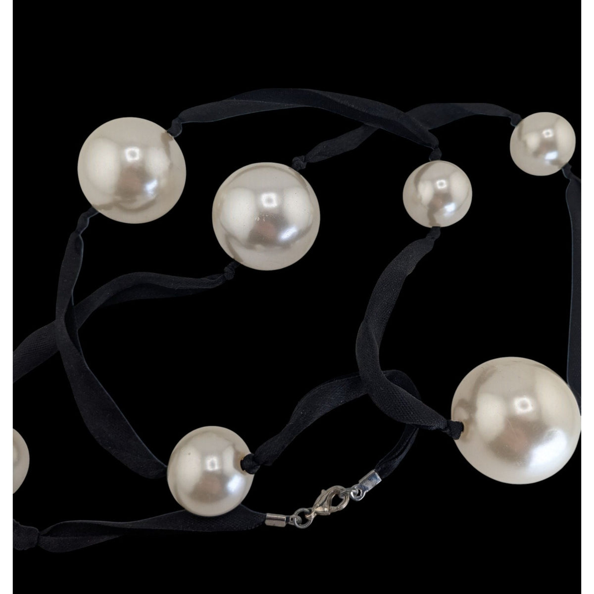 Vintage Romantic Faux Pearl White Black Ribbon Station Necklace 32 Inch