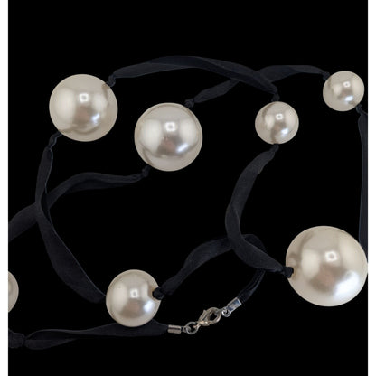 Vintage Romantic Faux Pearl White Black Ribbon Station Necklace 32 Inch