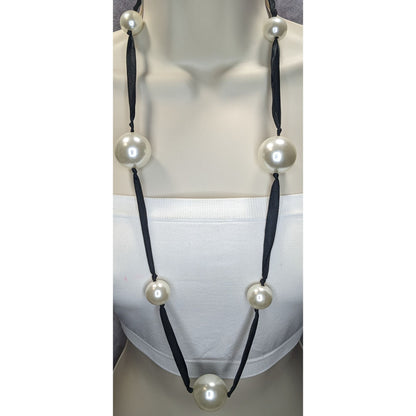 Vintage Romantic Faux Pearl White Black Ribbon Station Necklace 32 Inch