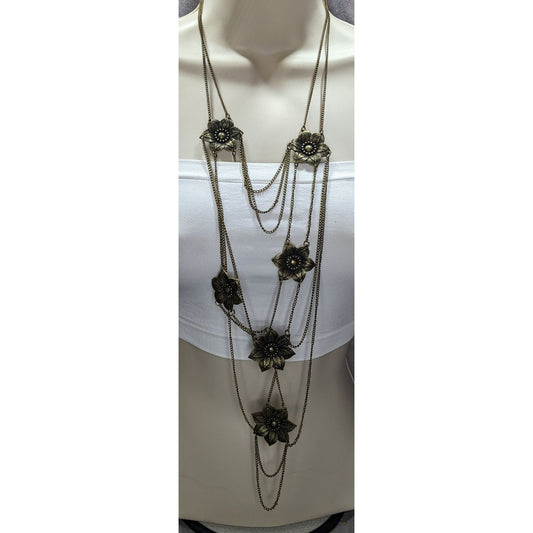 Vintage Layered Flower Chain Necklace Gold Tone Fairycore Festival Boho Statement