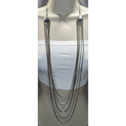 Modern Elegant Jules Long Layered Silver-Tone Necklace With Hammered Detail