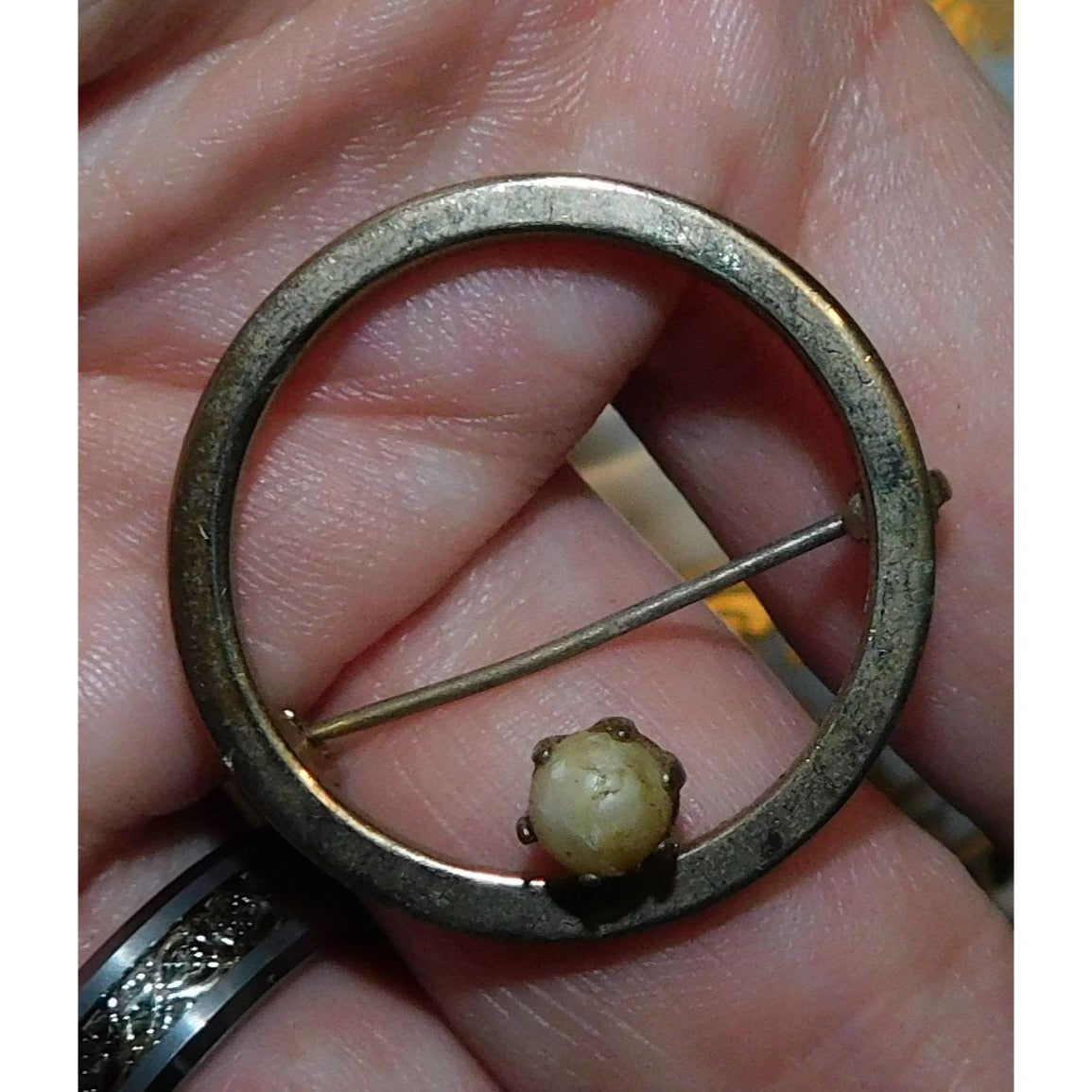 Vintage Gold Tone Open Circle Brooch With Faux Pearl Accent