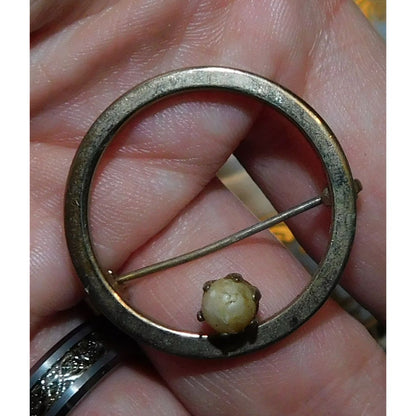 Vintage Gold Tone Open Circle Brooch With Faux Pearl Accent