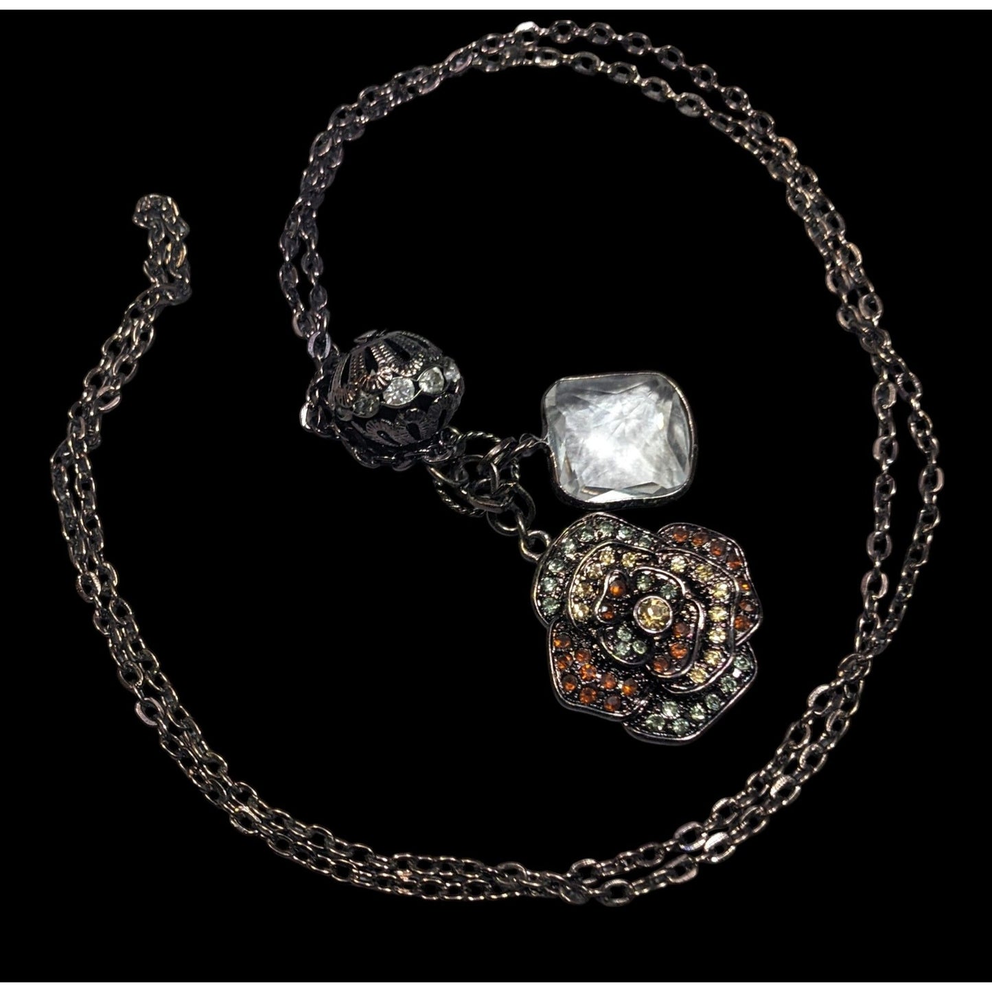 Steampunk Floral Gemmed Cluster Pendant Necklace