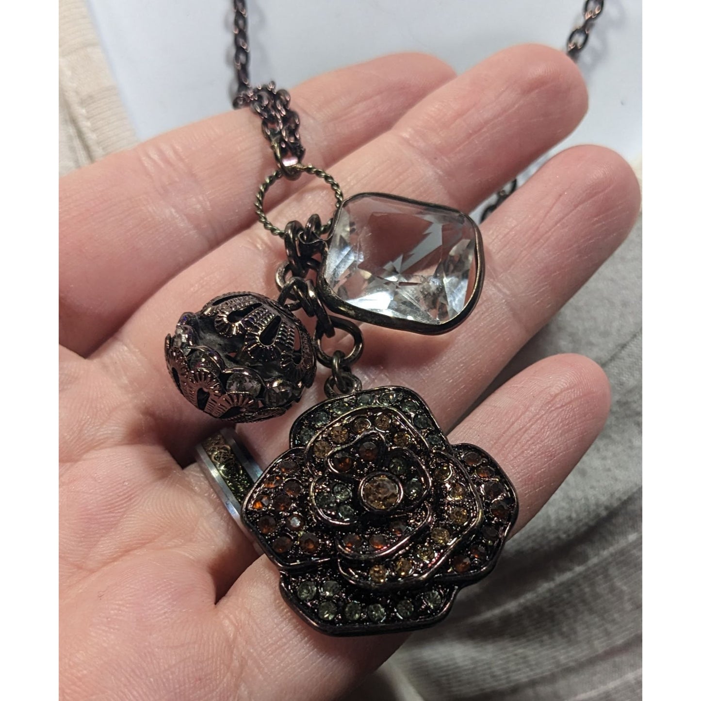 Steampunk Floral Gemmed Cluster Pendant Necklace
