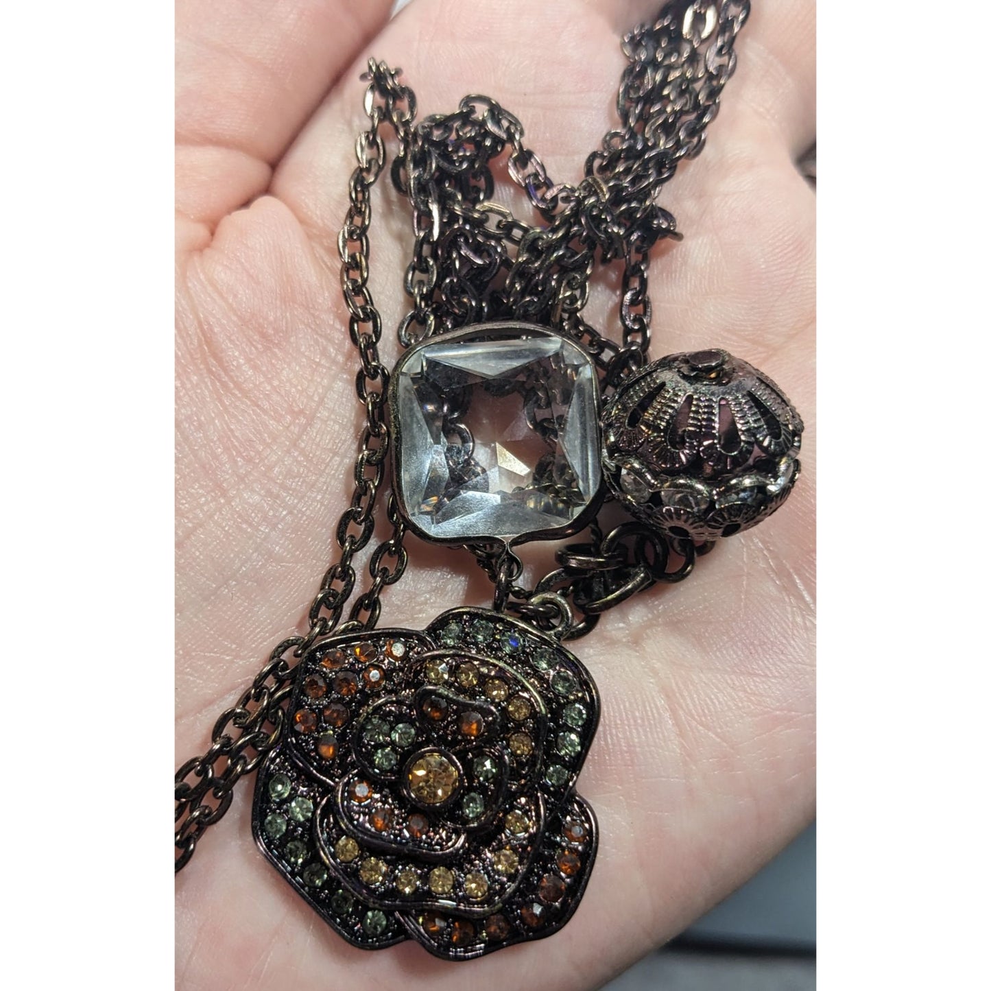 Steampunk Floral Gemmed Cluster Pendant Necklace