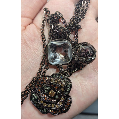 Steampunk Floral Gemmed Cluster Pendant Necklace
