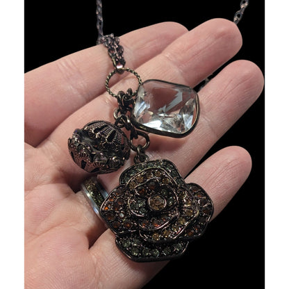 Steampunk Floral Gemmed Cluster Pendant Necklace