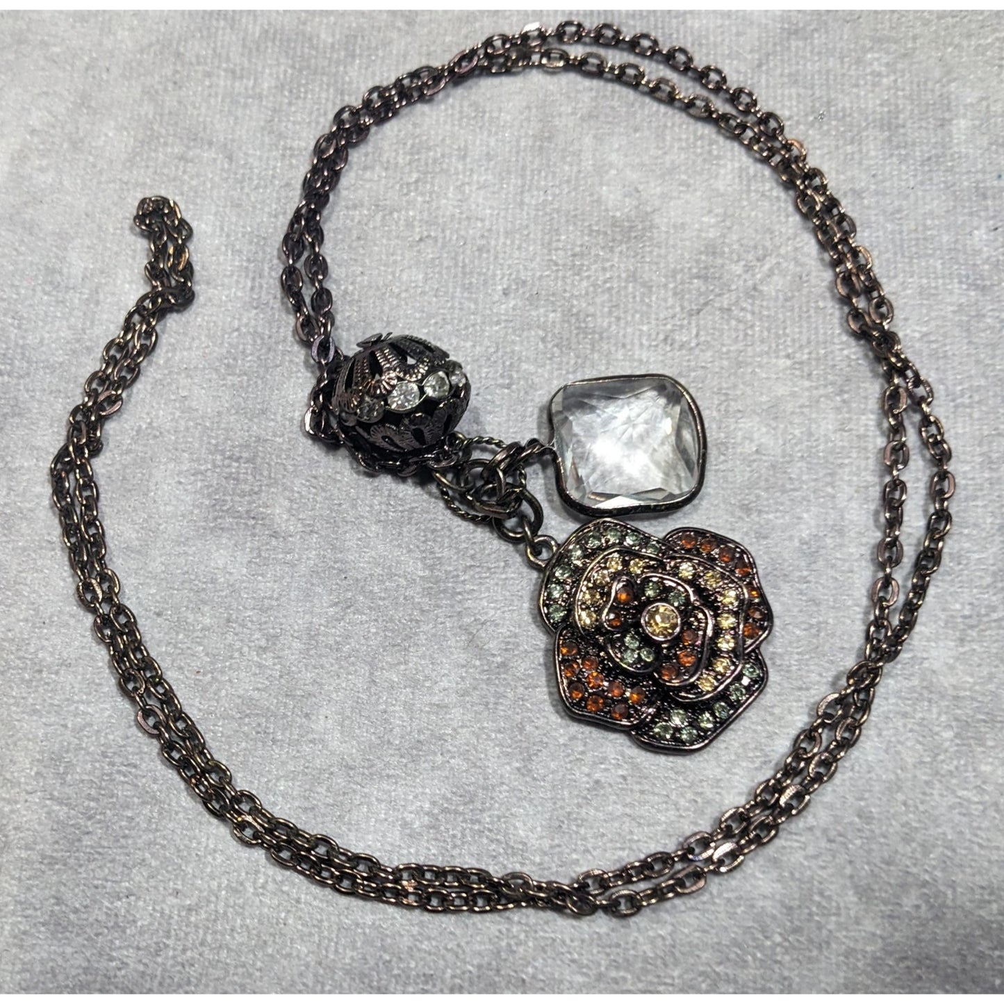 Steampunk Floral Gemmed Cluster Pendant Necklace