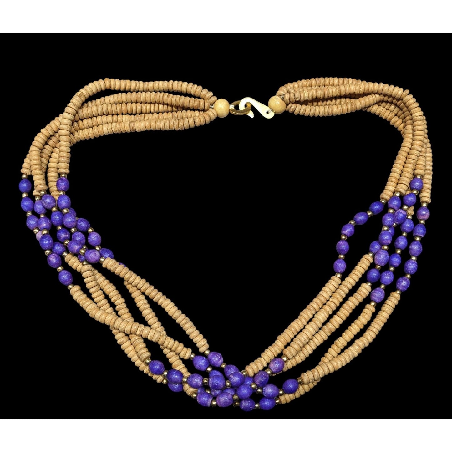 Vintage Handmade Tan And Purple Layered Wooden Beaded Necklace