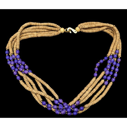 Vintage Handmade Tan And Purple Layered Wooden Beaded Necklace