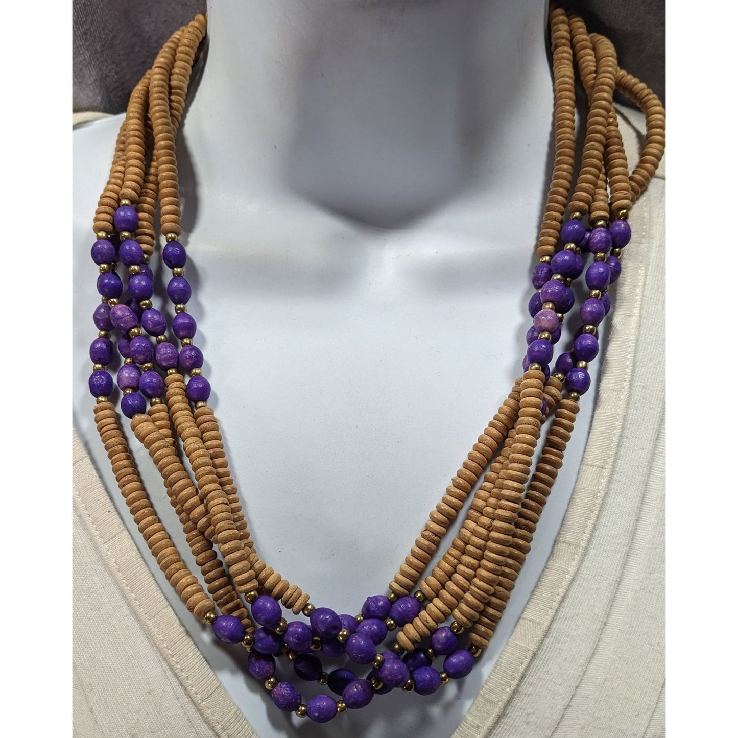 Vintage Handmade Tan And Purple Layered Wooden Beaded Necklace
