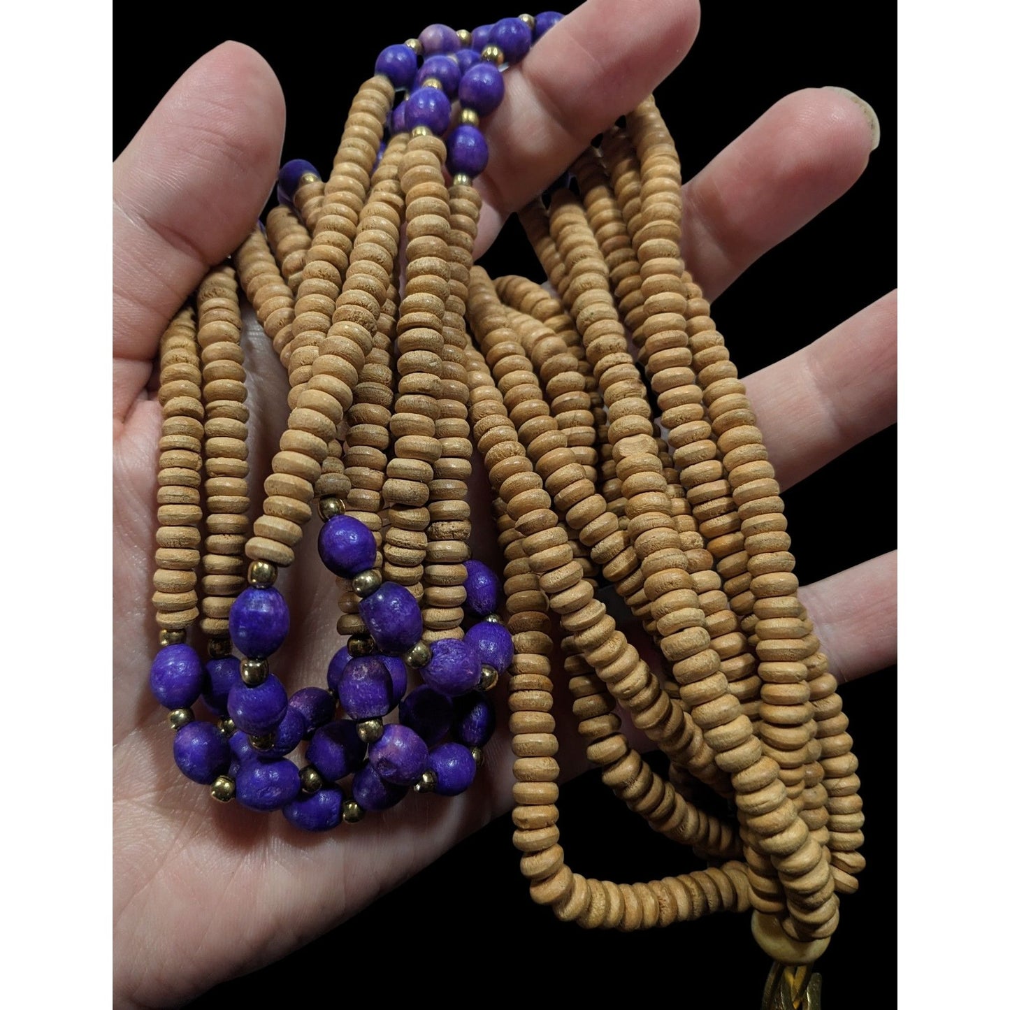 Vintage Handmade Tan And Purple Layered Wooden Beaded Necklace