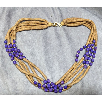 Vintage Handmade Tan And Purple Layered Wooden Beaded Necklace