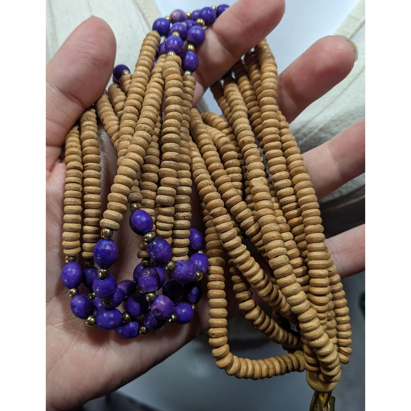 Vintage Handmade Tan And Purple Layered Wooden Beaded Necklace