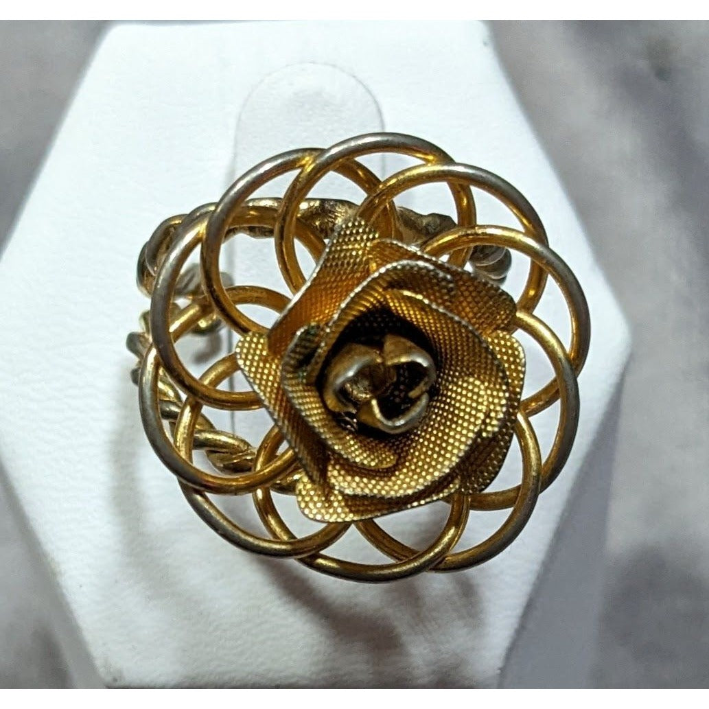 Vintage Fantasy Rose Floral Gold Tone Open Ring