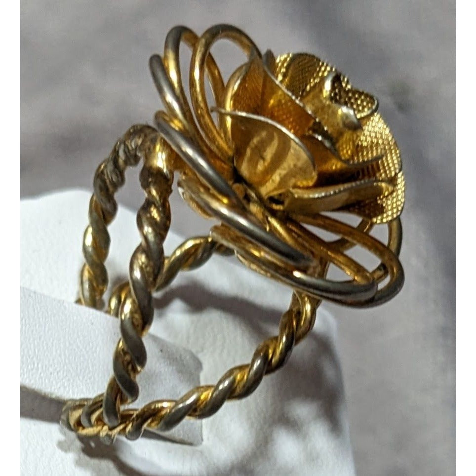 Vintage Fantasy Rose Floral Gold Tone Open Ring