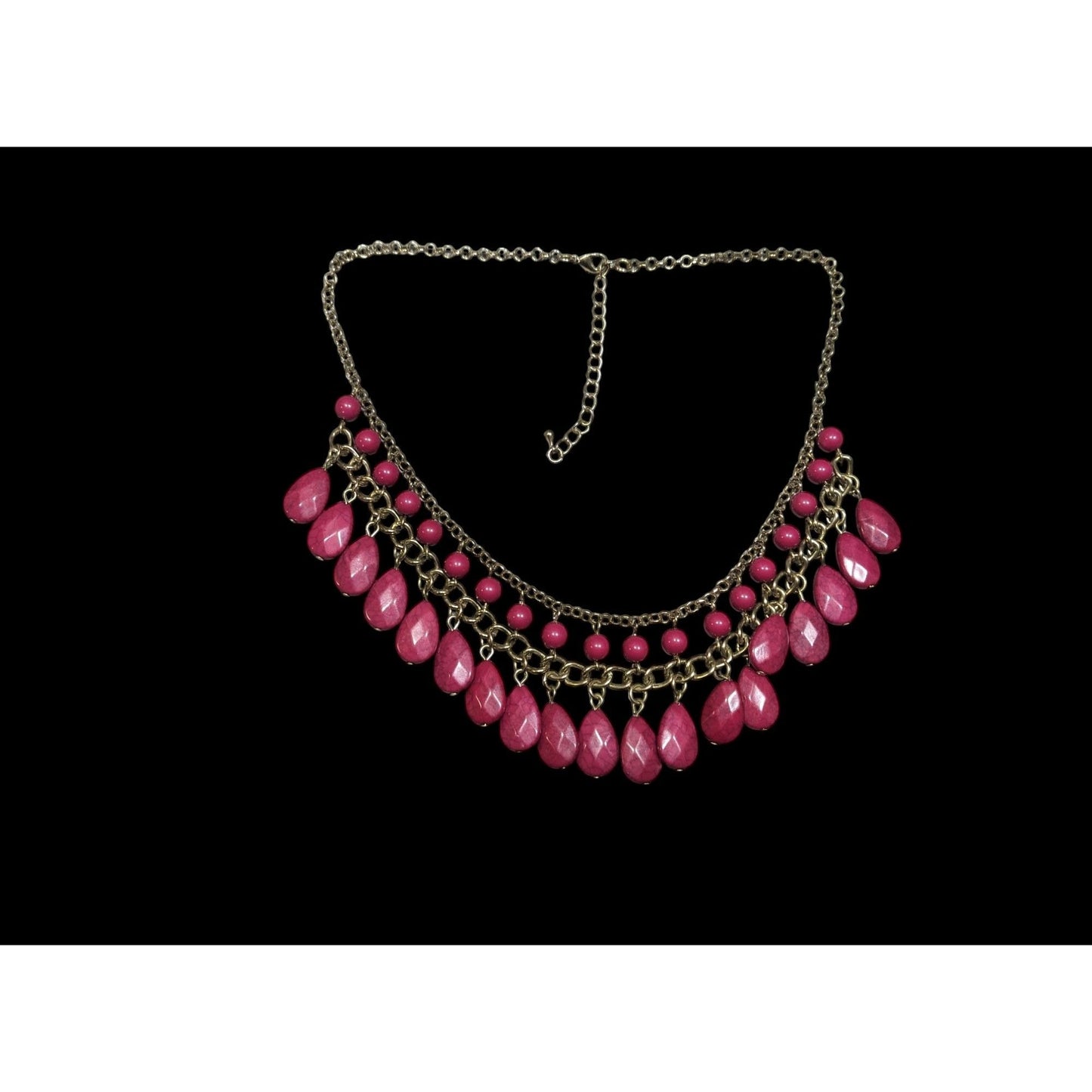 Bohemian Magenta Fringe Beaded Gold Tone Chain Statement Necklace